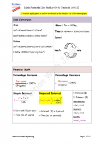 Math (E-Math) GCE O-Level (4048) Formulas for the entire syllabus - updated on 23rd Aug 2022 by Tutor Jason