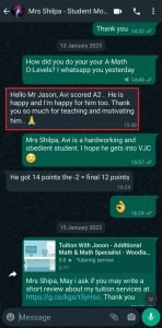 avi testimonial - additional math O-level results. math tuition at woodlands and boon lay.