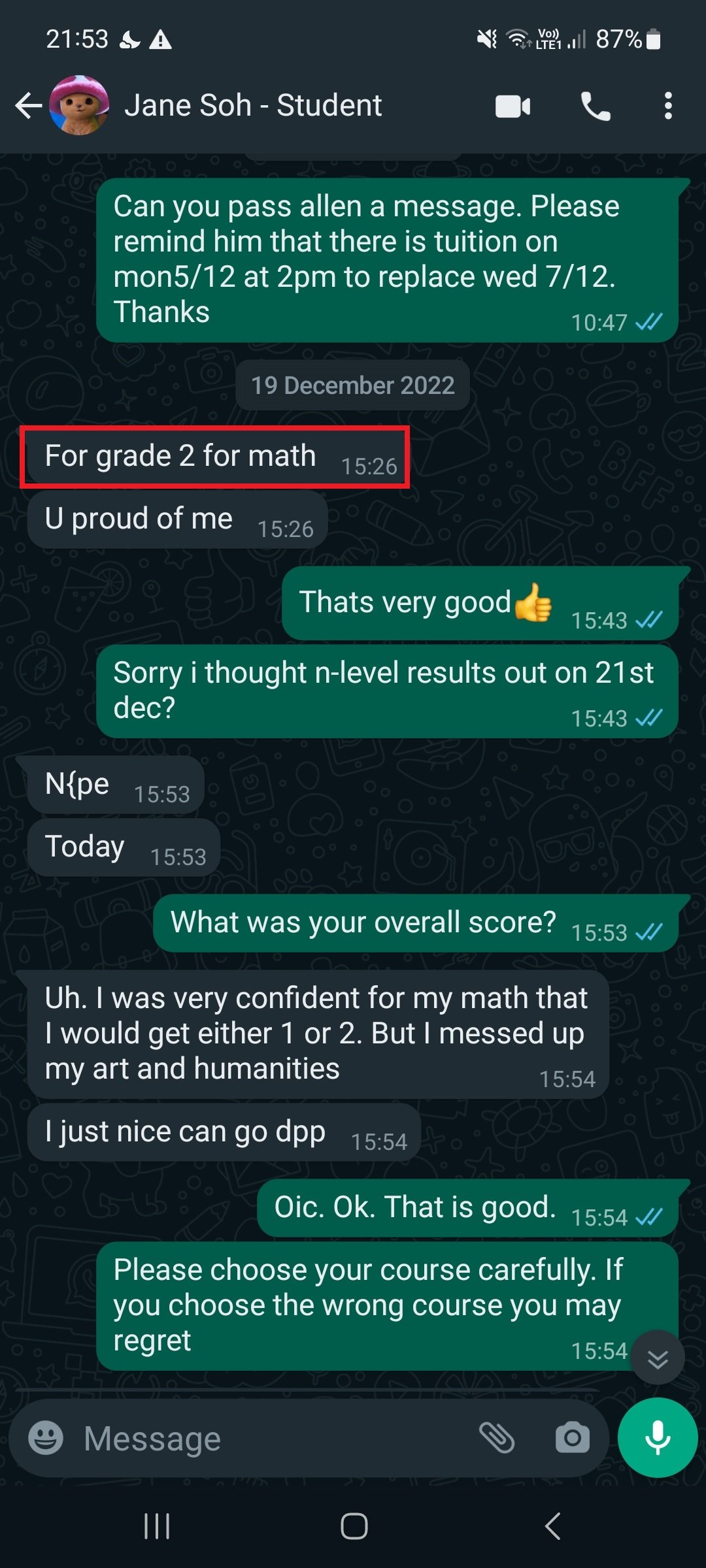 jane testimonial - math N level results. math tuition at woodlands and boon lay.